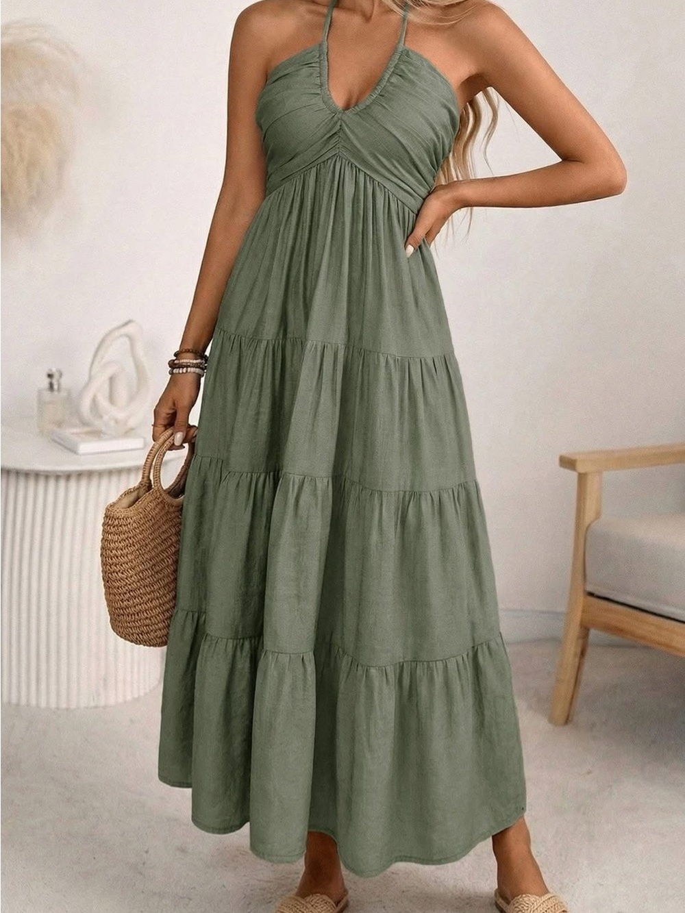 Halter Tiered Maxi Dress in Olive Green